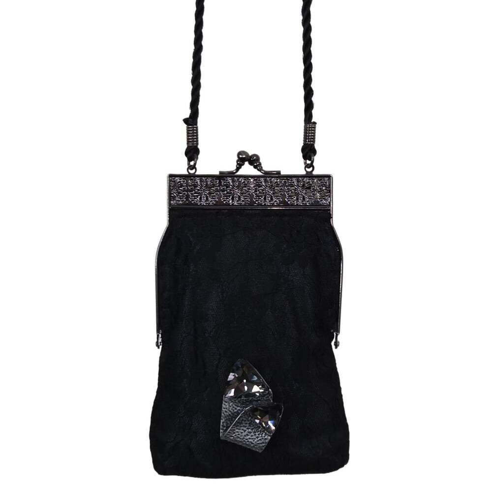 Fashion Express Black Lace Evening Crossbody Bag w/ Rhinestone Brooch Pin